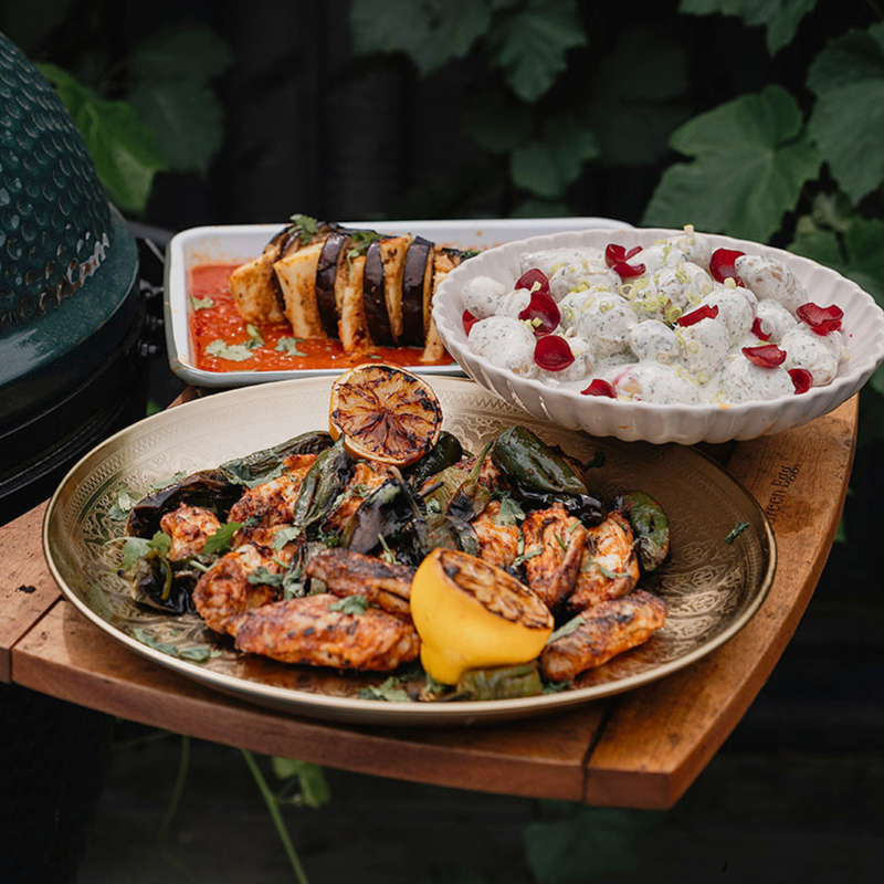 Tandoori Chicken Wings, Sesame Hassleback Aubergine & a Green Tikka Potato Salad